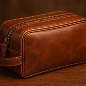 Leather Travel Toiletry Bag with Classic Design for Luxury Travelers